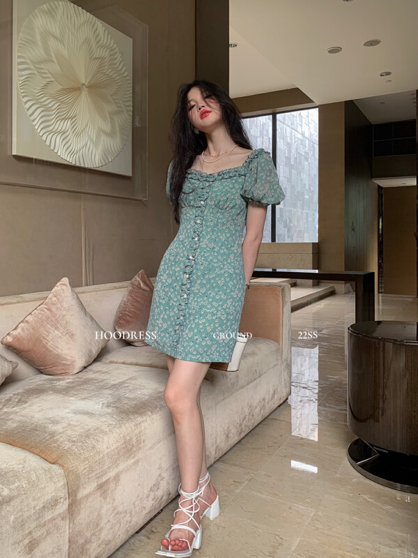 [Fire HOODRESS] Korean version of the floral puff sleeve dress with fungus 22311# JHY