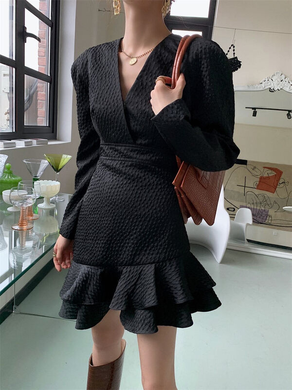 [LMK] Temperament V-neck fishtail little woman dress 1831# HJY