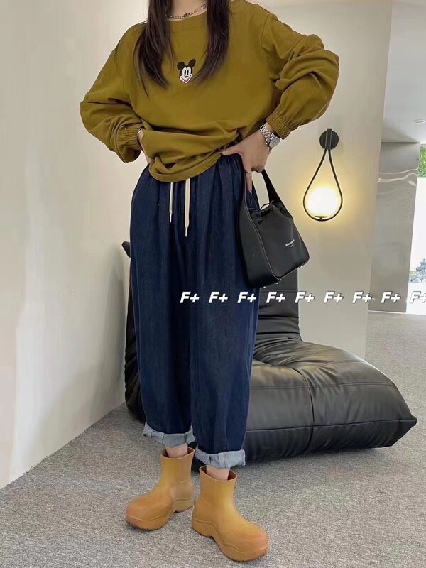 New in autumn!【F】Korean loose wide-leg lace-up jeans 1607# HBX