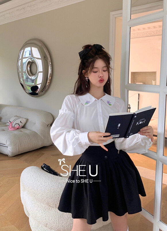【SHE U】Puff sleeve small flower shirt with niche design 51052