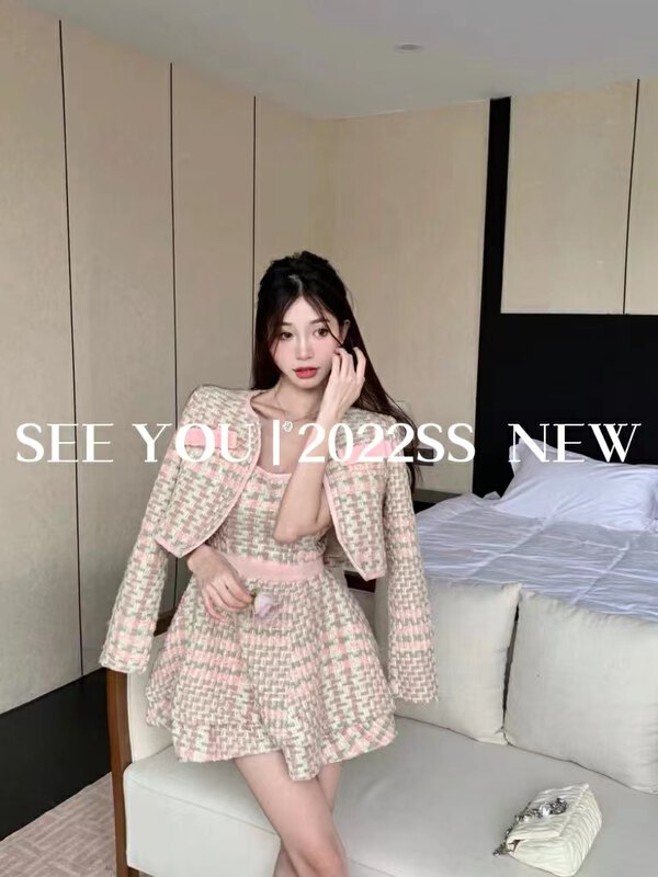 Autumn is new! [SEE YOU] Xiaoxiangfeng sweet woven waist sling dress + fashionable temperament suit 2195# PCZ