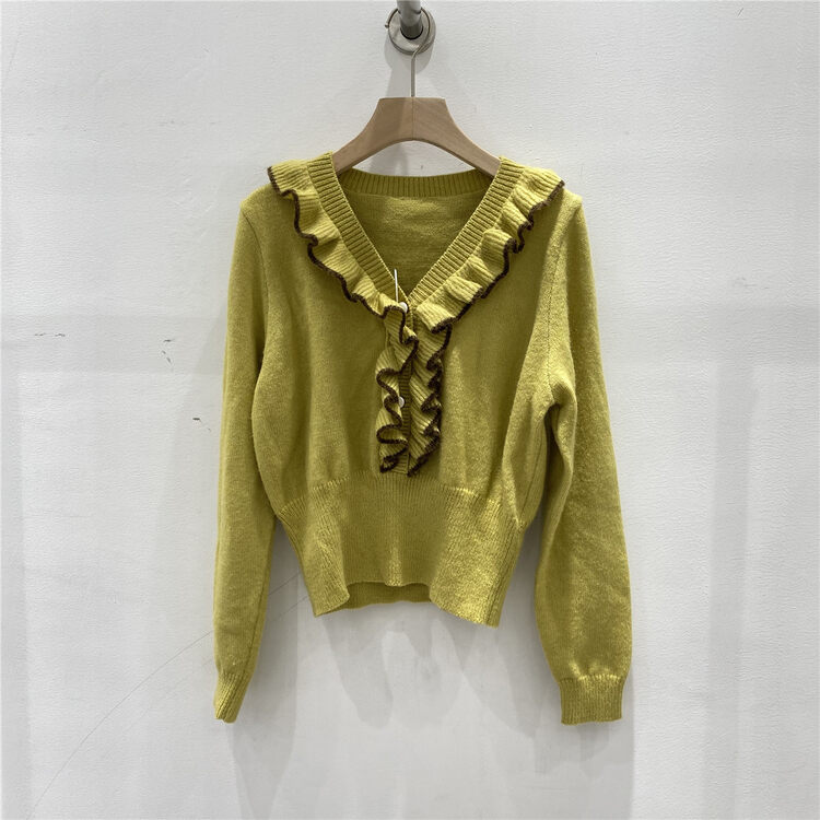 【LMK】Korean Version Ladies V-Neck Ruffle Knit Sweater 335# HJY