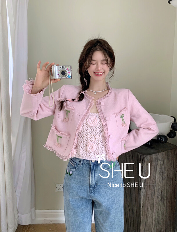 【SHE U】Small Fragrance Pocket Cherry Short Jacket 89006