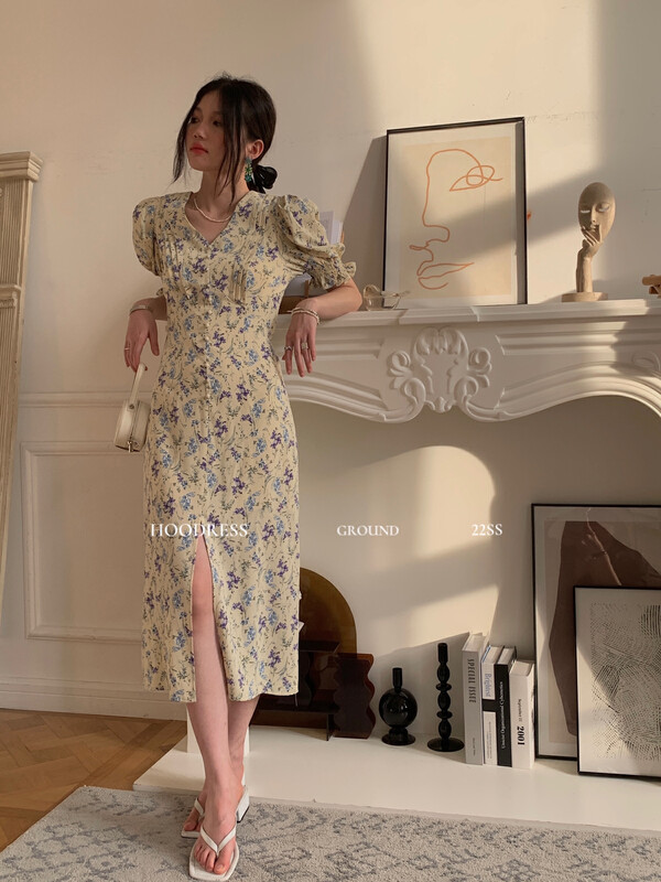 [Fire HOODRESS] Elegant floral V-neck back strap dress 22216