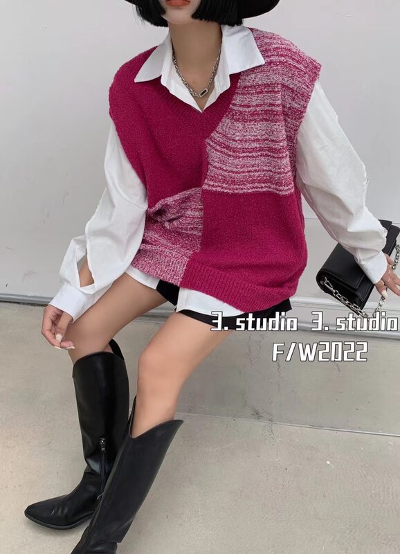 Autumn models are new! [3.STUDIO] color-blocked pullover V-neck vest 5242# PCZ