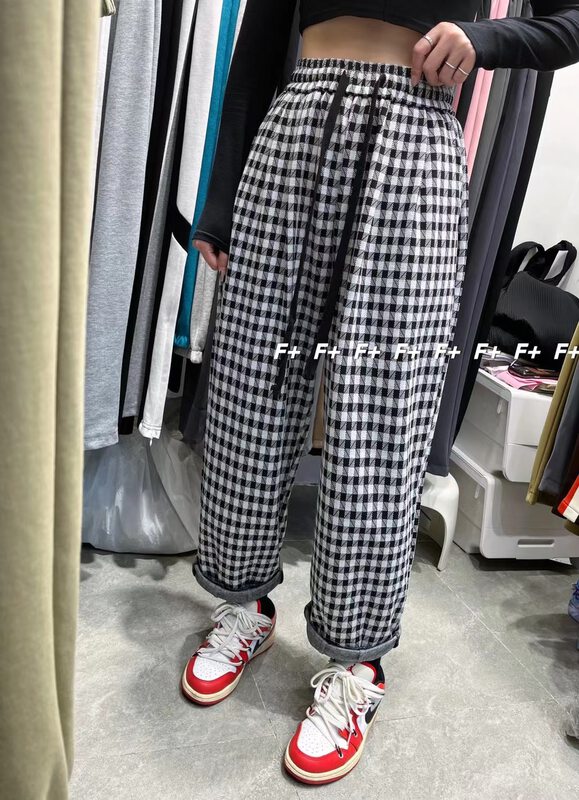 New in Autumn! [F] Retro Plaid Elastic Waist Strap Casual Pants 1616# HBX