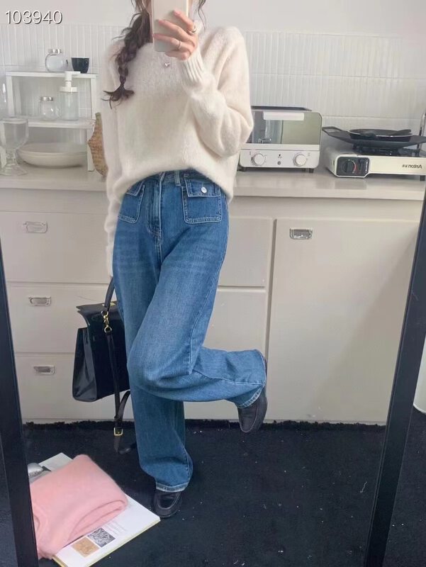 New in autumn!【SELNE】High-waisted straight-leg wide-leg jeans 22731301# XYJ