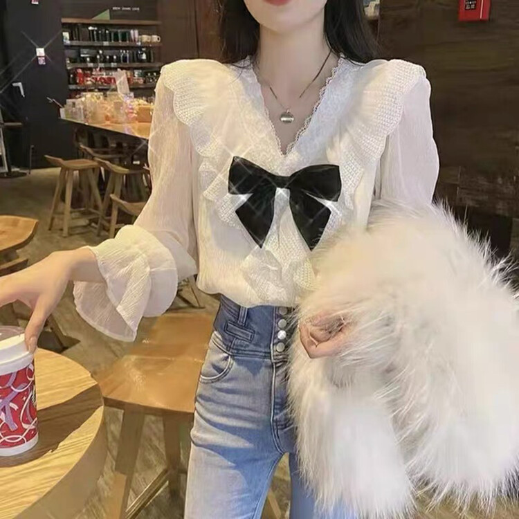 New in early autumn! [Miss Xixi] French high-end design sense of niche small shirt (with bow) 9827# L
