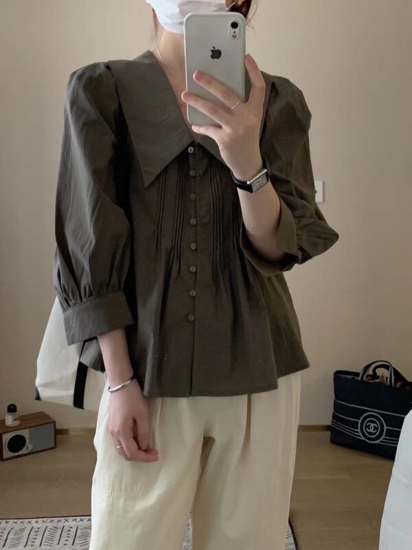 New Autumn!【O.LUCKY】Large Lapel Solid Color Puff Sleeve Shirt 2124# HBX