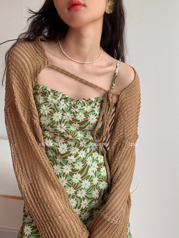[Fire HOODRESS] Niche simple hollow lace-up knitted cardigan 21376