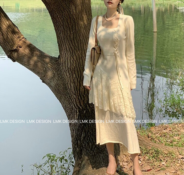 New in early winter! [LMK] Square neck tie stitching lace knitted dress 82029# HJY