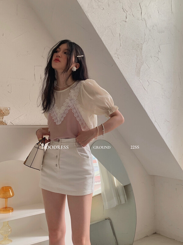 [Fire HOODRESS] Pure desire to hit the color stitching lace Tencel shirt 22295