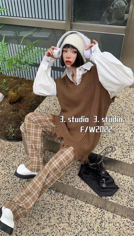 New in autumn! [3.STUDIO] High waist loose plaid slim casual pants 22203# PCZ