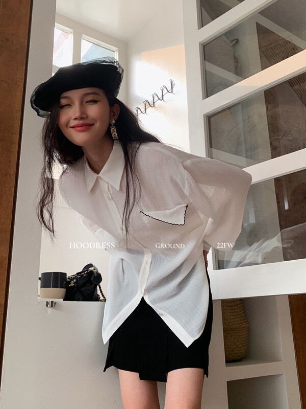 New in early autumn! [Fire HOODRESS] Design sense hit the line pocket all-match thin shirt 22387# JHY