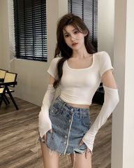Real shot autumn Hong Kong style small sexy party leader with hollowed out and thin and short outer wear bottoming shirt ins shoulder pad top