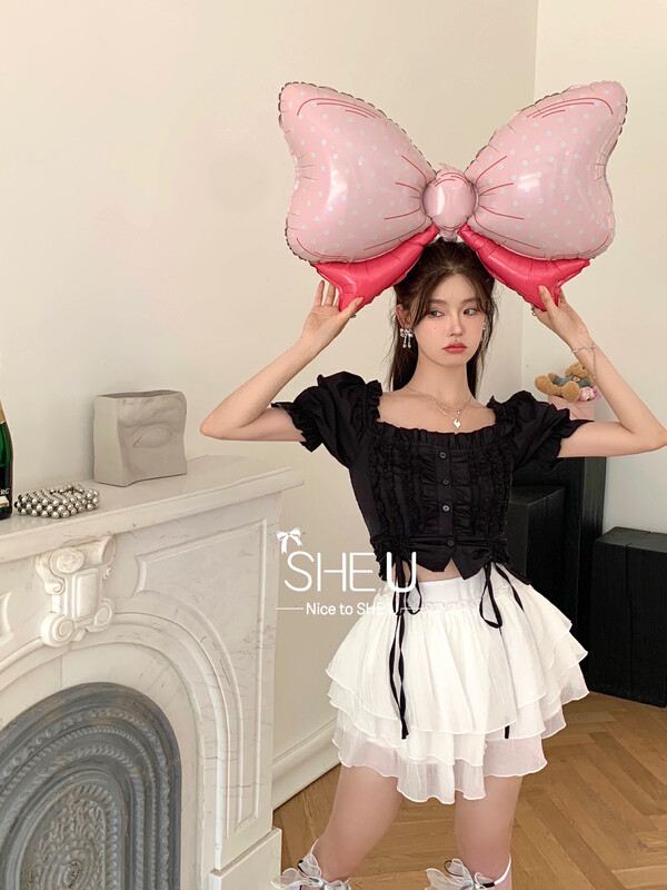 【SHE U】Small woman with square collar drawstring shirt C80727