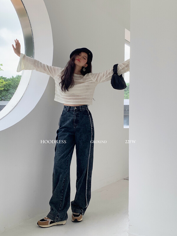 New in autumn! [HOUSE OF FIRE] niche design high-waist wide-leg jeans with fringe edge 22427# JHY