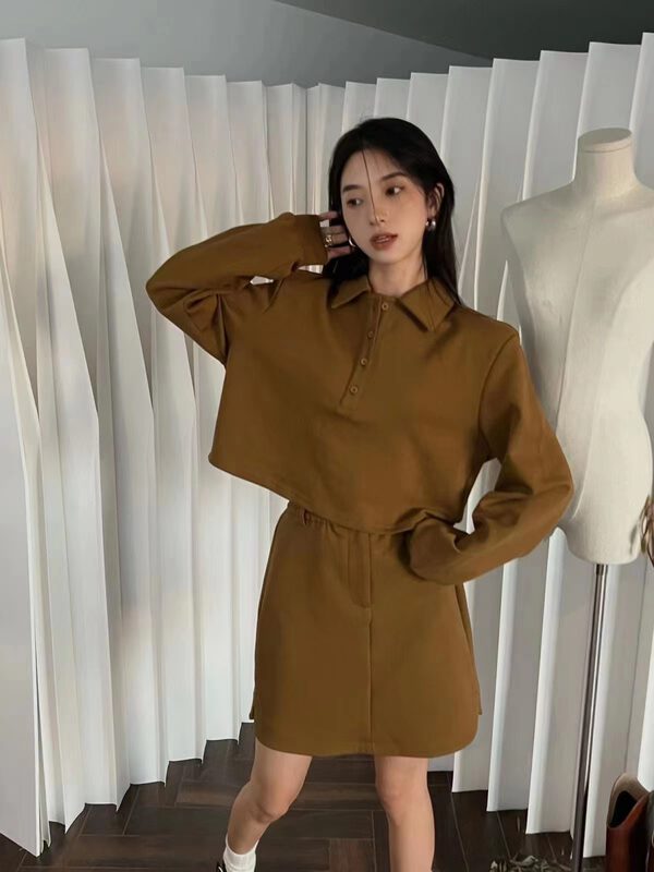 New in autumn!【MOCHA】Solid color all-match sweater + slimming solid color skirt suit 705# OZQ