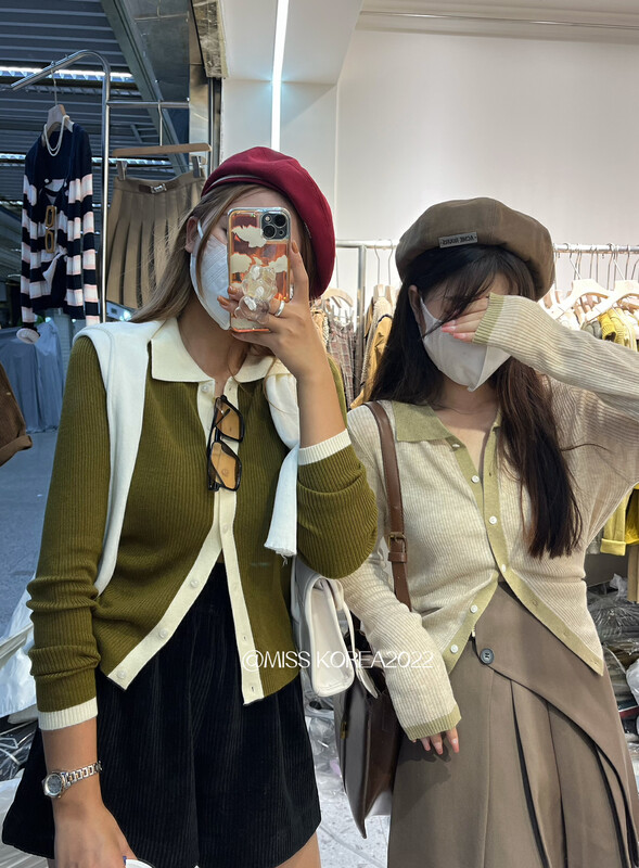 New in autumn!【MISS KOREA】Korean color-block lapel casual knitted cardigan (without shawl) 9206# HBX