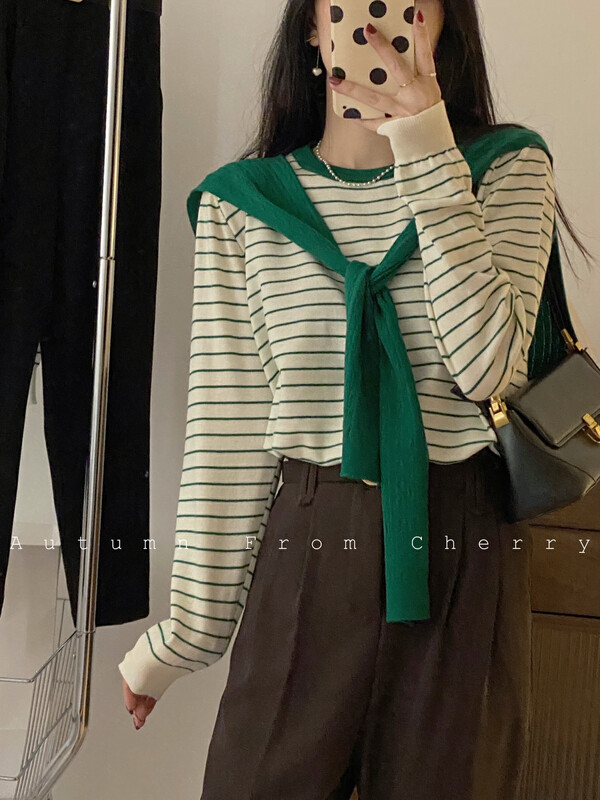 New in early autumn!【CHERRY STUDIO】Korean simple color matching striped sweater (with shawl) 6701# HBX