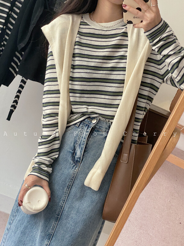 New in early autumn!【CHERRY STUDIO】Korean color contrast striped round neck casual knitted sweater 6707# HBX