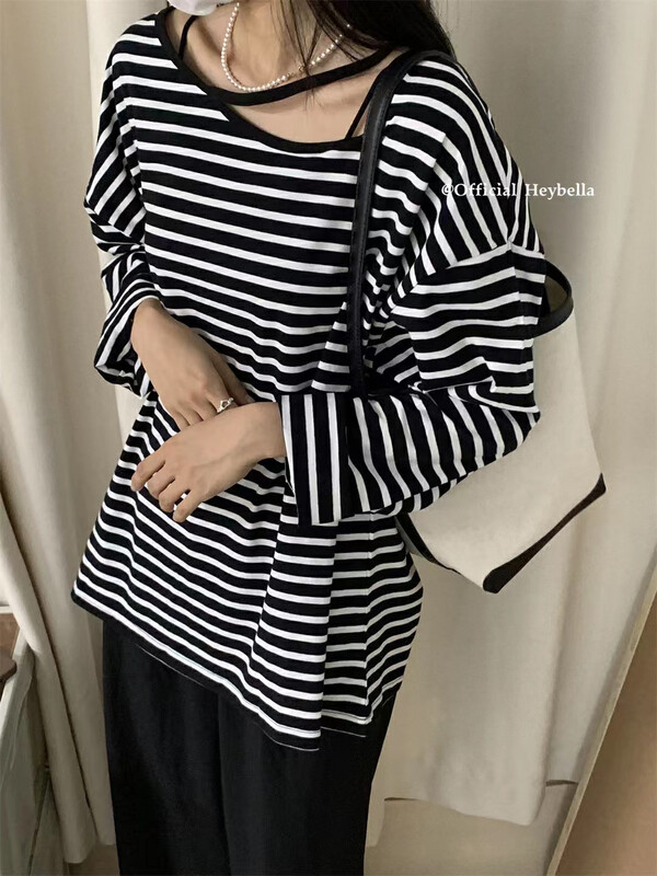 New in early autumn! [HEY BELLA] Striped fashion lazy style long-sleeved T-shirt 5326# L