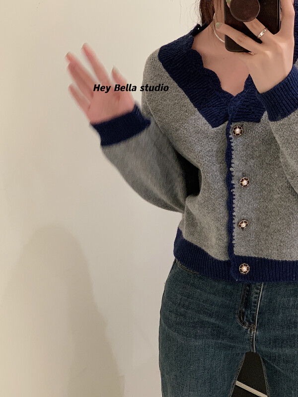 New in autumn! [HEY BELLA] Contrast color small fragrance button knitted cardigan 9243# L