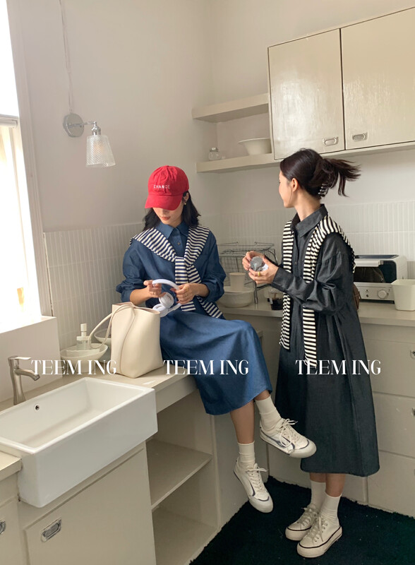 New in early autumn! [TEEM ING] Temperament commuter denim fresh and simple dress (with striped detachable shawl) 22T827# HJY