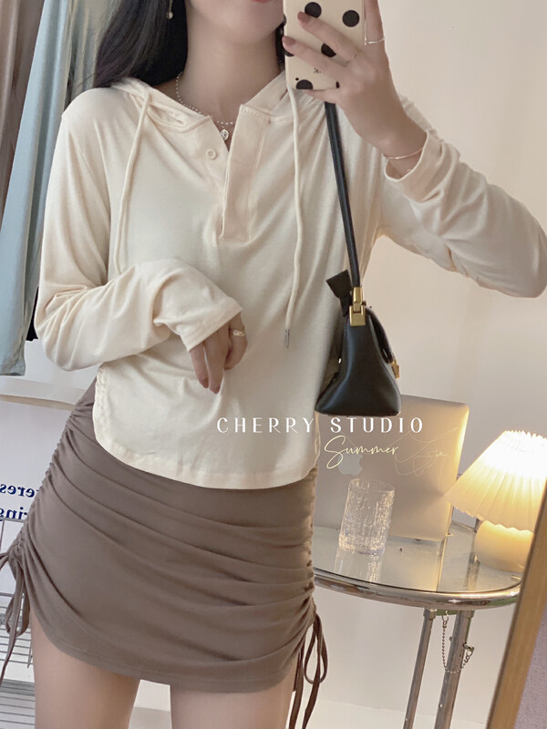 【CHERRY STUDIO】Slim fit and slim short hooded thin breathable sunscreen long-sleeved T-shirt 5501# HBX