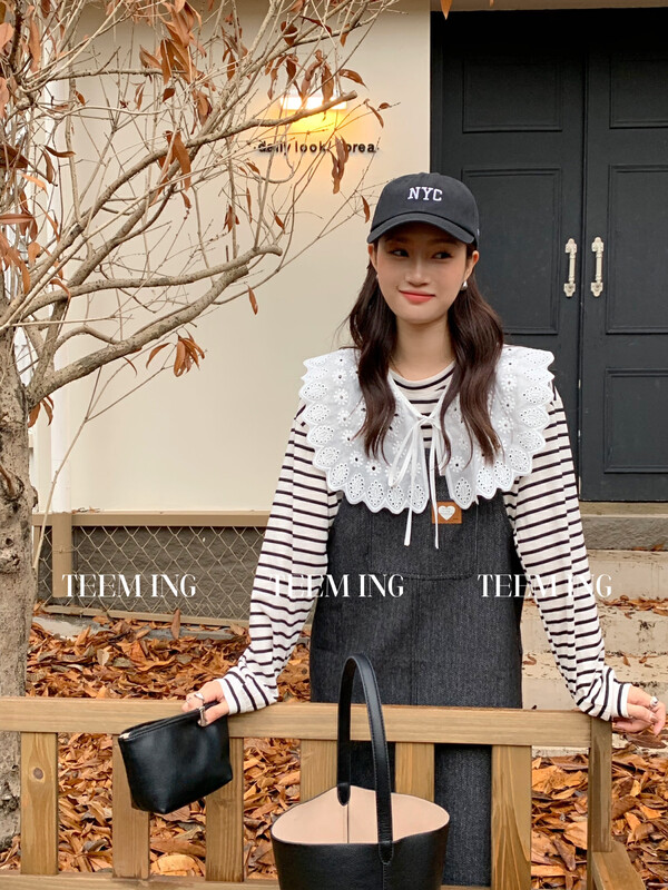 New in autumn! [TEEM ING] Lazy Stripe Fashion Retro Long Sleeve T-Shirt (with Detachable Embroidered Collar) 22T823# HJY