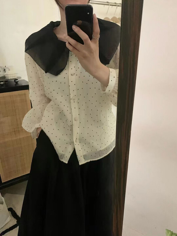 New in early autumn!【HEY BELLA】Contrast color ruffled polka dot shirt B1860# L
