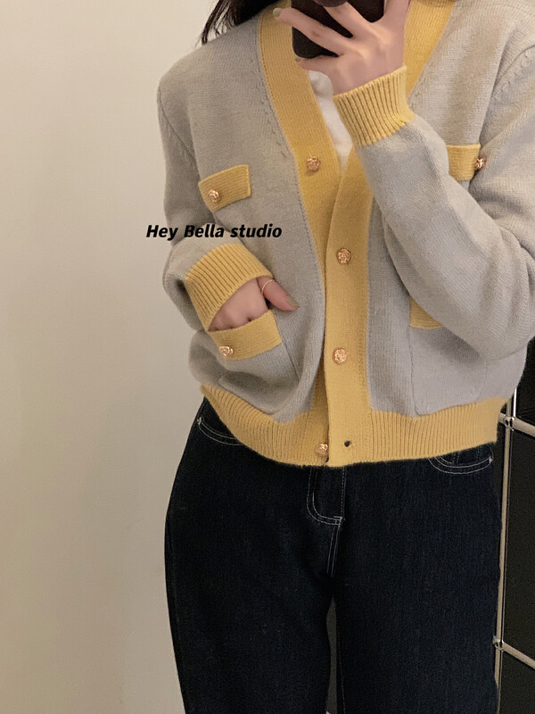Autumn is new!【HEY BELLA】Korean version of contrasting color Xiaoxiang knitted cardigan 9241# L
