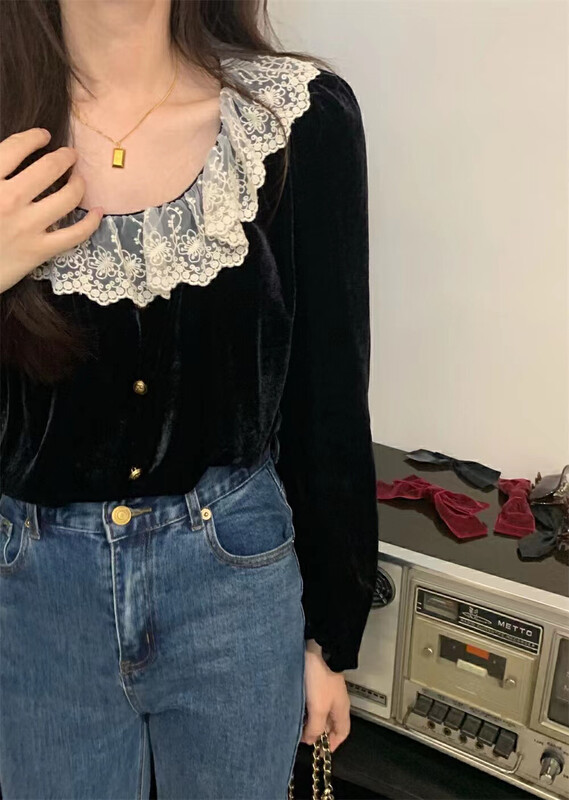New in autumn!【HEY BELLA】velvet lace button-down shirt 5351# L
