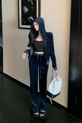 Real price real price casual velvet fashion suit women's hooded fried street sweater pants two-piece set