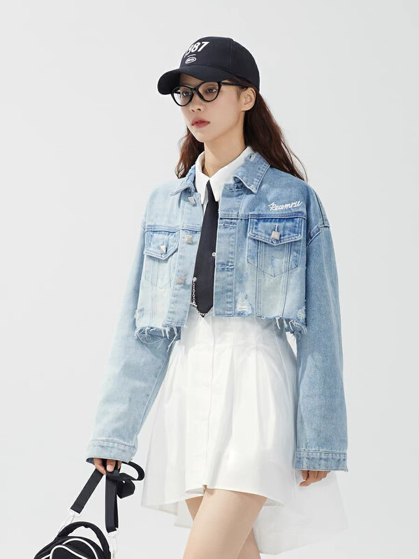 Autumn is new! [M.H] Korean age-reducing shirt pleated dress + casual all-match denim jacket suit (with tie) 8790# PCZ