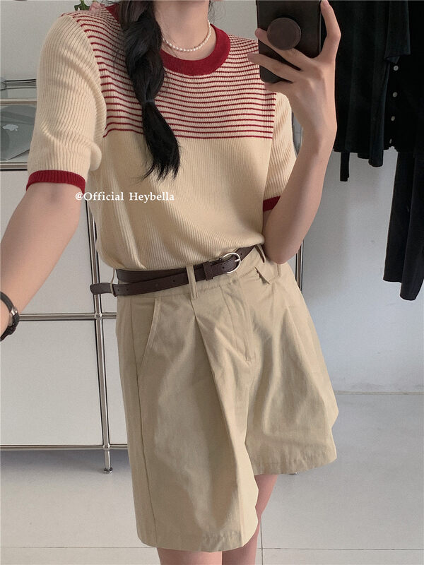 New in early autumn!【HEY BELLA】Contrast color round neck all-match knitted sweater 9132# LL