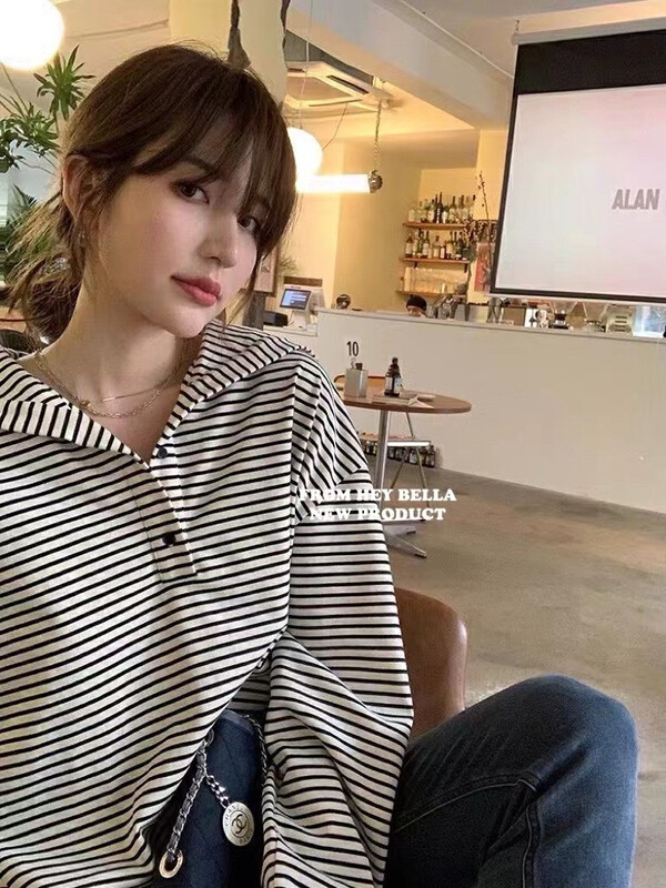 New in early autumn! [HEY BELLA] personality striped loose large lapel long-sleeved T-shirt B2023# L