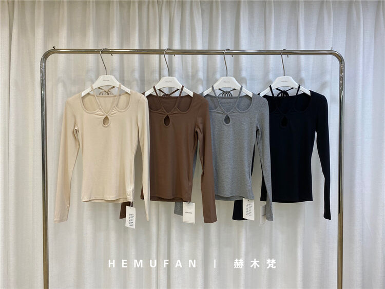 New in early autumn! [HEMUFAN Hemufan] solid color slim design halter neck hollow bottoming shirt 5022# L