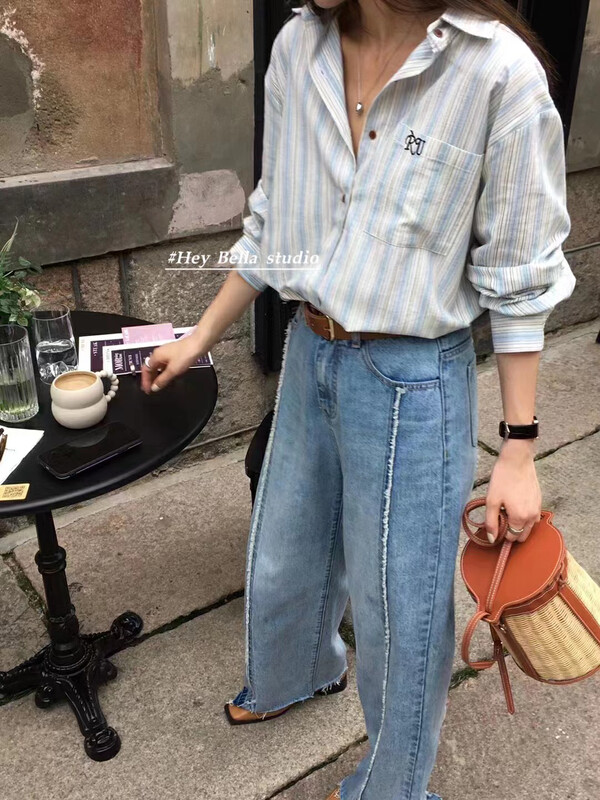 New in early autumn! [HEY BELLA] Korean embroidered striped shirt B5329# L