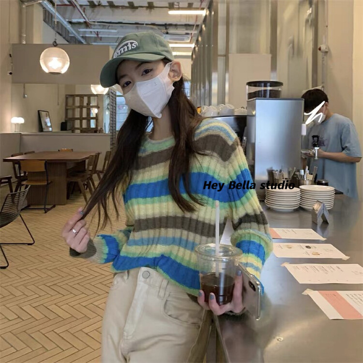 New in autumn!【HEY BELLA】Korean style round neck striped warm sweater 9172# L