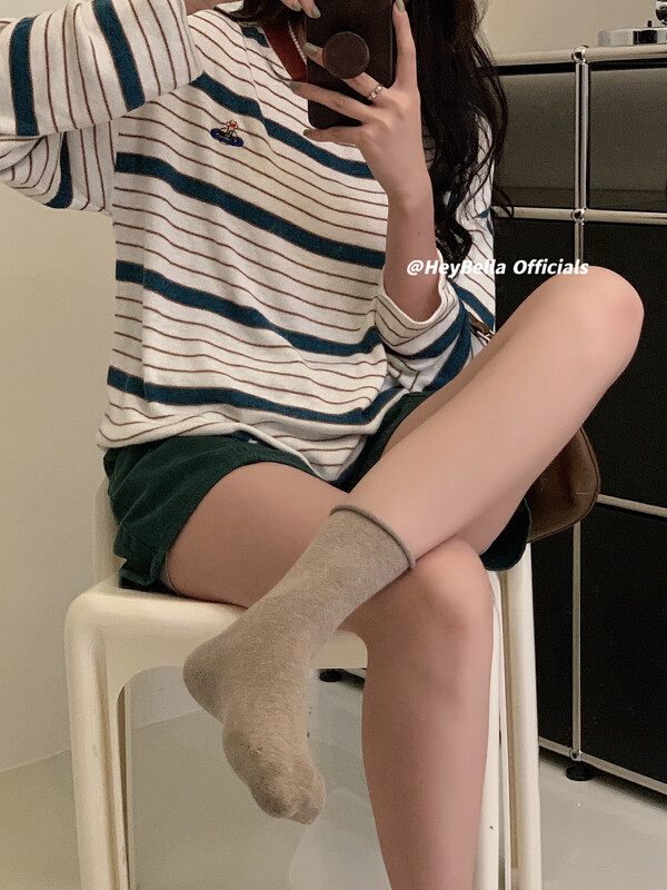 New in autumn! [HEY BELLA] round neck colorful striped embroidered sweater 9240# L