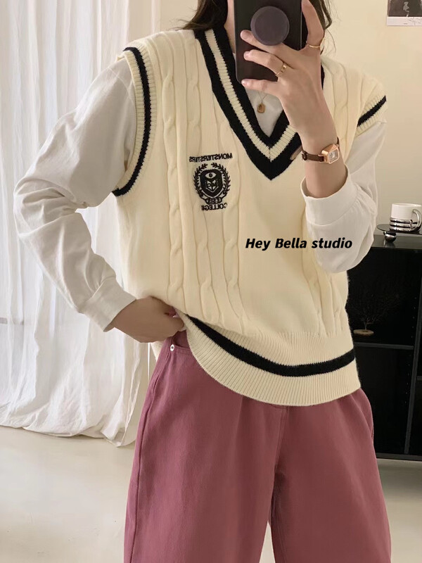 New in autumn! [HEY BELLA] embroidered college style color matching vest 9220# L