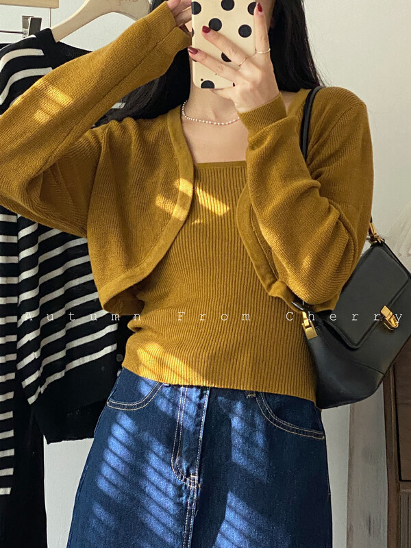 【CHERRY STUDIO】 Pure Desire Camisole + Shawl Knit Sweater Set 6704# HBX