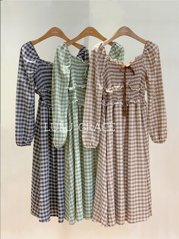 New in early autumn!【LULU GRACE】Square collar and waist plaid dress with fungus 6535# ZJY