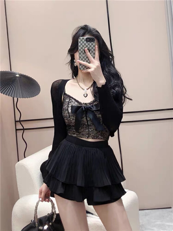 New in early autumn! [M.H] Pure Desire Bow Camisole + Knitted Cardigan + Elastic Waist Skirt Suit 8621# PCZ