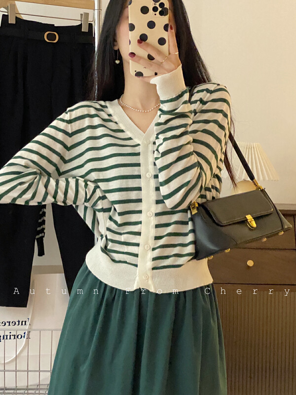 New in early autumn!【CHERRY STUDIO】Contrast color striped loose casual knitted cardigan 6703# HBX