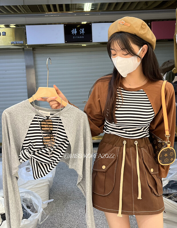 New in autumn!  【MISS KOREA】Casual simple fake two-piece striped contrast color long-sleeved T-shirt 9272# HBX
