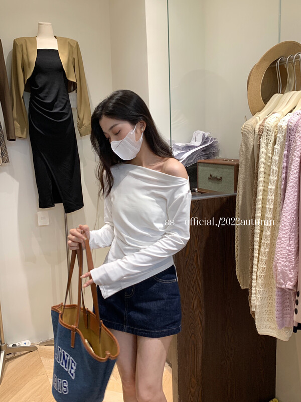 【AS】Designed one-line collar pleated long-sleeved T-shirt 2328# HJY