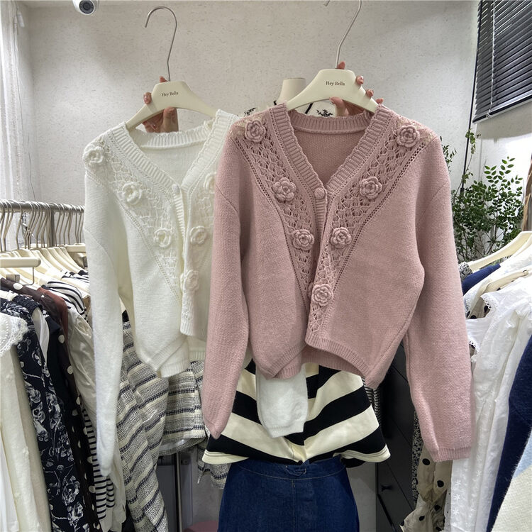 New in autumn!【HEY BELLA】V-neck single-breasted textured knitted cardigan B9178# L