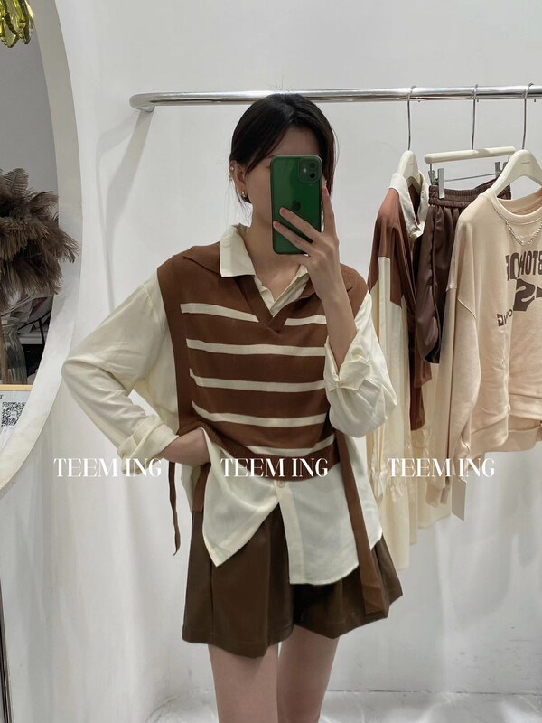 New in autumn! [TEEM ING] Fresh and simple casual shirt + striped design vest suit 22T581# HJY